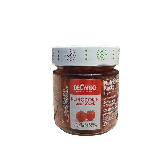 Jar of DeCarlo pomodorini on a white background