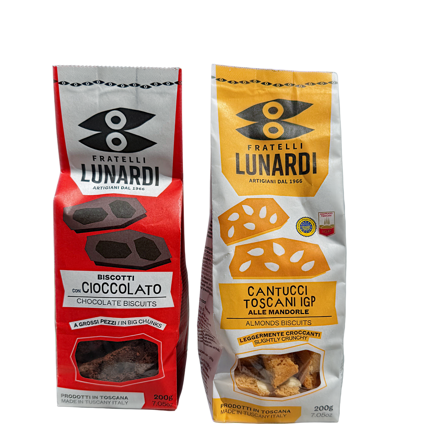Two packages of Fratelli Lunardi cookies on a white background