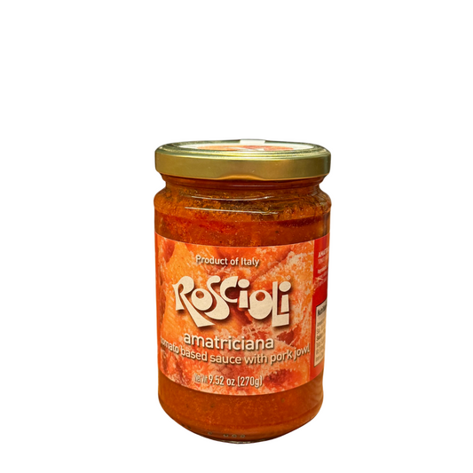 Jar of Roscioli amatriciana sauce on a white background