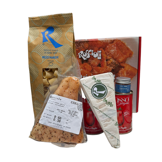 Assorted food products including a package, a box, and a container on a white background