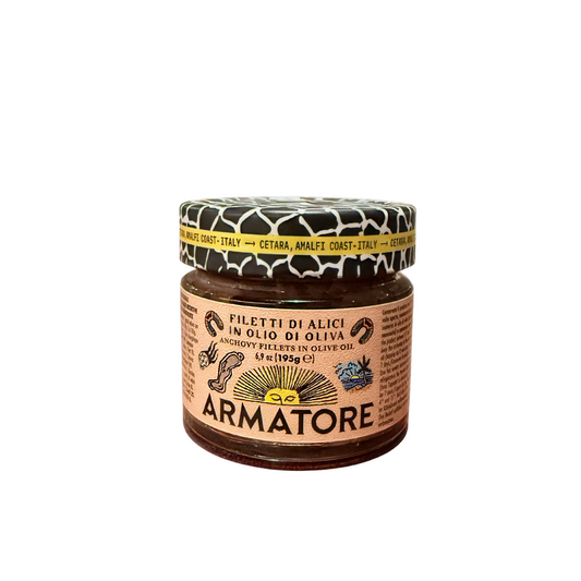 Jar of Armatore filetti di alici (Anchovy fillets) on a white background