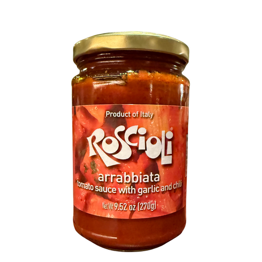 Jar of Roscioli arrabbiata tomato sauce with garlic and chili on a white background