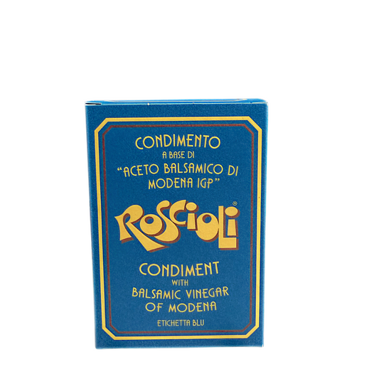Blue and yellow packaging of Roscioli Balsamic on a white background