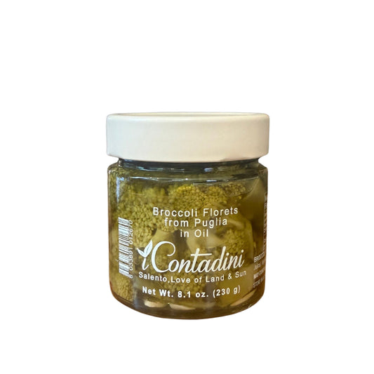 Jar of iContadini broccoli florets on a white background