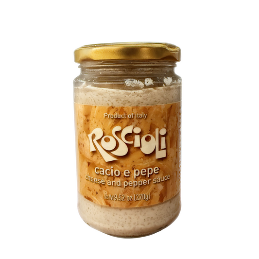 Jar of Roscioli cacio e pepe cheese and pepper sauce on a white background