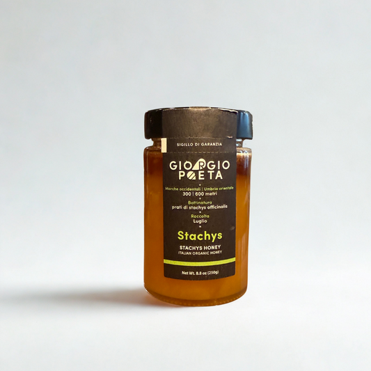 Jar of Giorgio Poeta Stachys honey on a white background