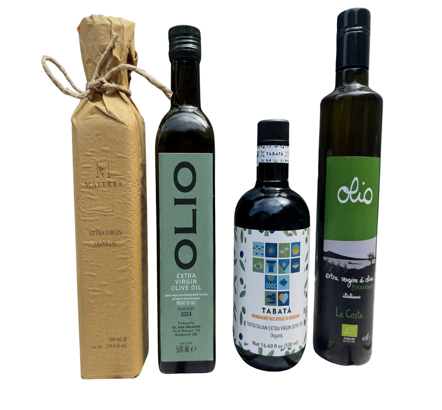 Four bottles of olive oil with different labels on a white background
