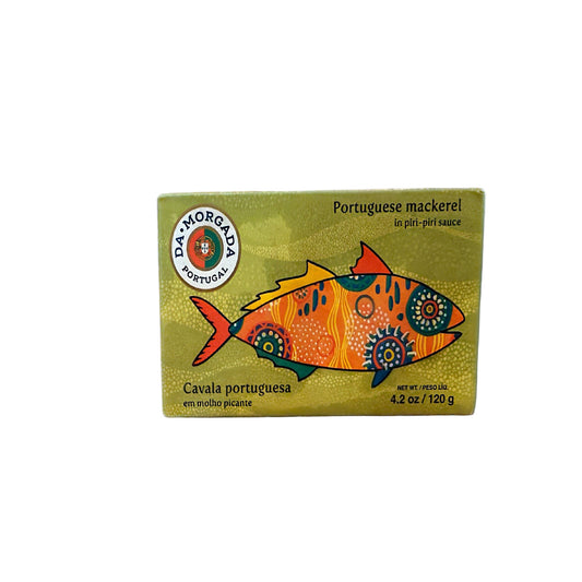 Box of Portuguese mackerel with colorful fish design on a white background