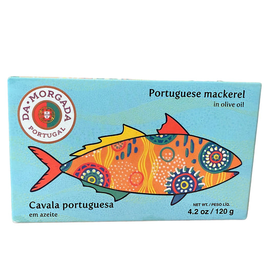Box of Portuguese mackerel in olive oil with colorful fish illustration on a light blue background