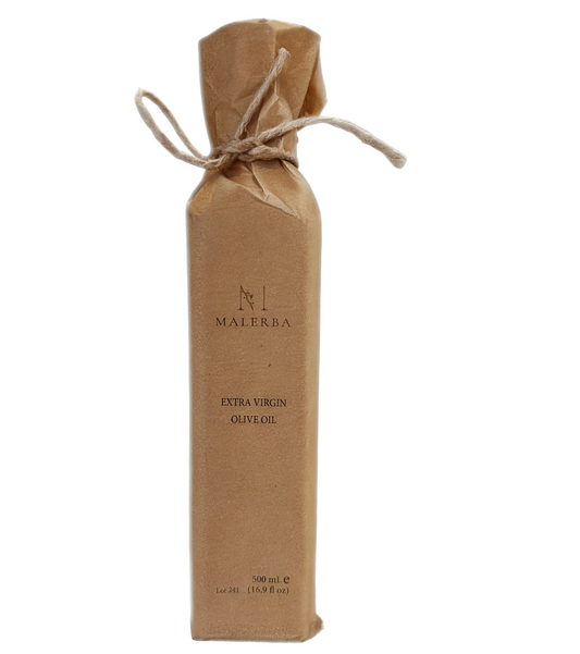 Kraft paper-wrapped bottle of Malerba olive oil on a light gray background