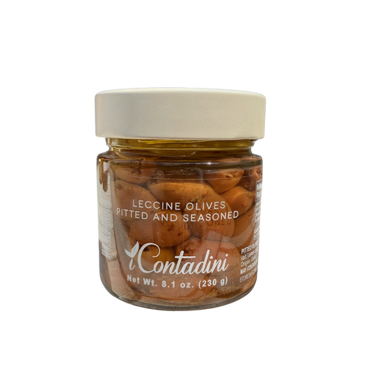 Jar of iContadini leccino olives on a white background
