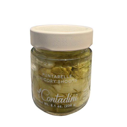 Jar of Contadini puntarelle chicory shoots on a white background