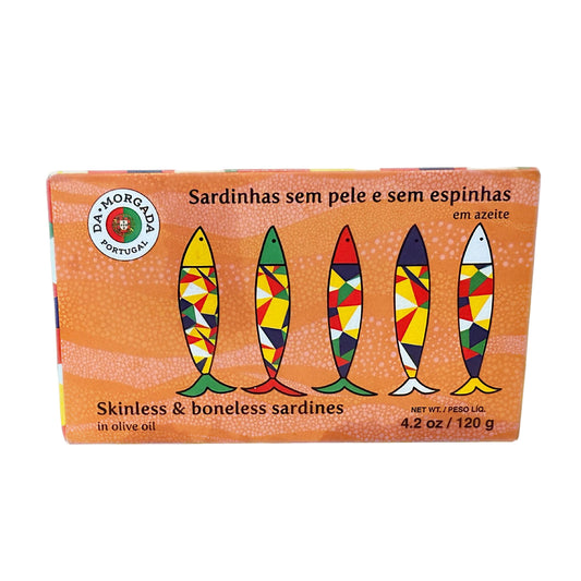 Box of skinless and boneless sardines with colorful fish illustrations on an orange background.