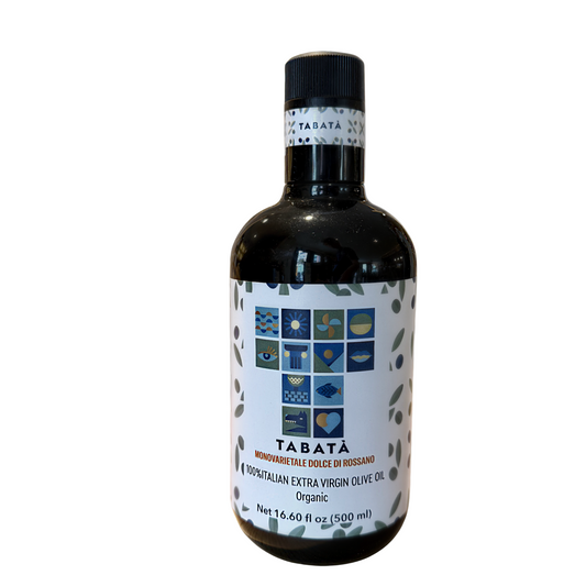 Bottle of Tabataa olive oil on a white background