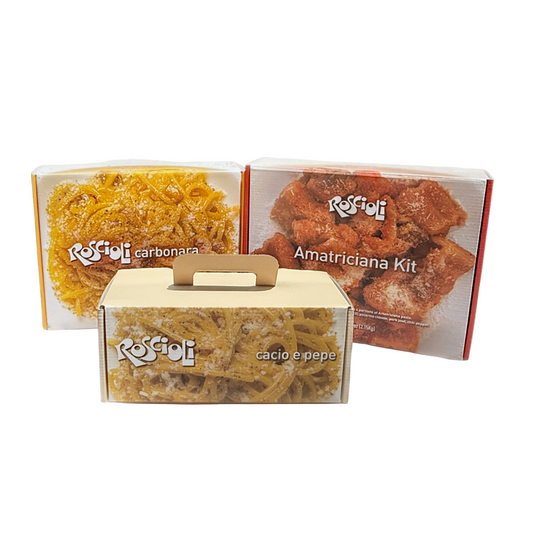 Three boxes of Roscioli pasta kits on a white background
