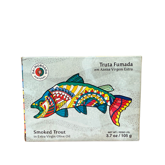 Box of smoked trout in extra virgin olive oil with a colorful fish design on a white background