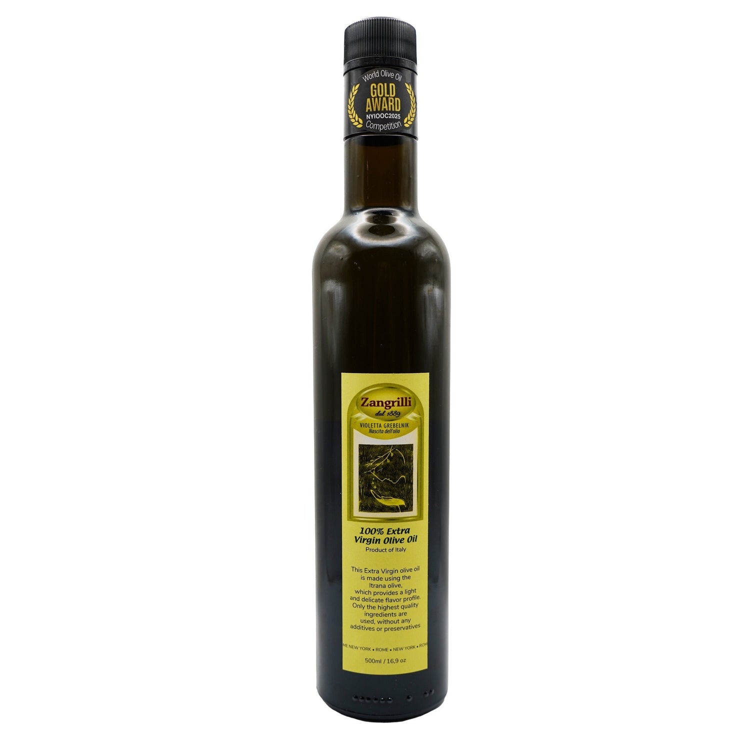 Bottle of olive oil with a label on a white background